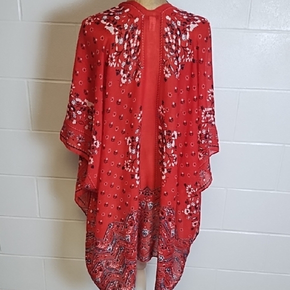 Chic Red Navy White Floral Kimono Coverup Tunic OSFA Bandana Print - Picture 3 of 10